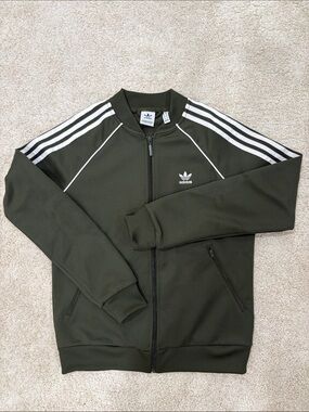 adidas Olive Zip-Up Track Jacket with White Stripes
